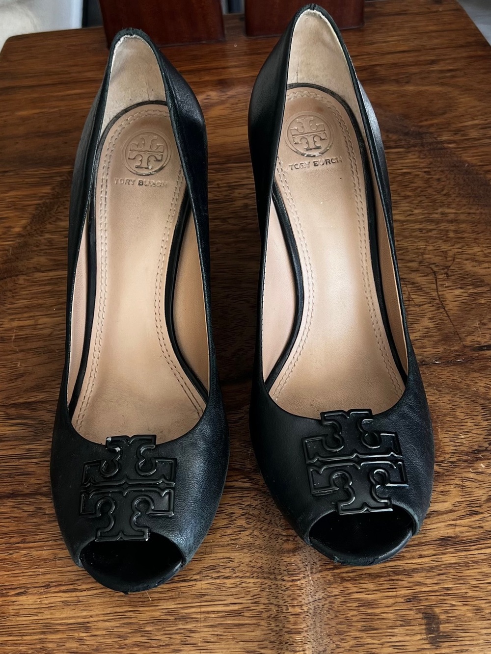 Tory Burch Black Leather Peep-Toe Pumps